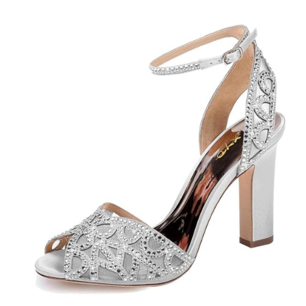XYD Women Peep Toe Rhinestone Sandals Chunky High Heel Ankle Strap Slingback Mes